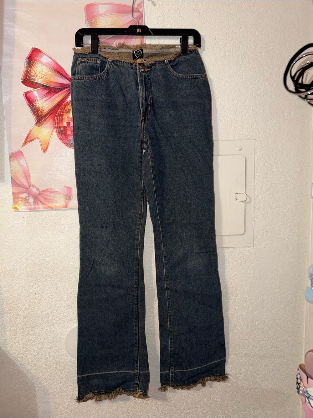 XOXO Dark Blue Boot Cut Jeans with Frayed Hem